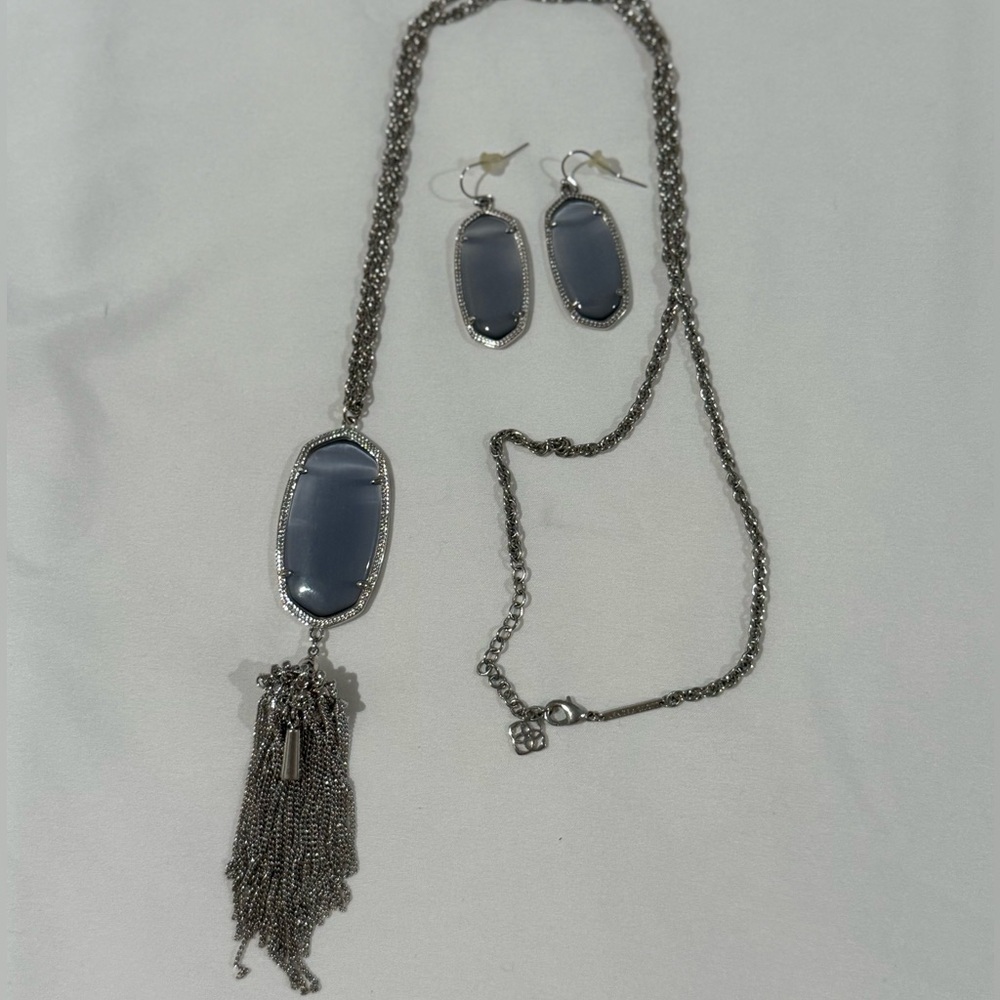 Kendra Scott Rayne Gray & Silver Long Tassel Necklace & Matching Earrings